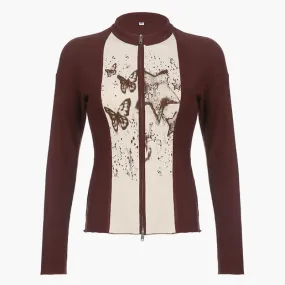 90s Aesthetic Brown Cardigan Butterflies