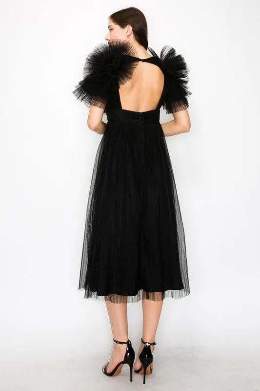 Black Tulle Pleated Floral Short Sleeve Midi Dress