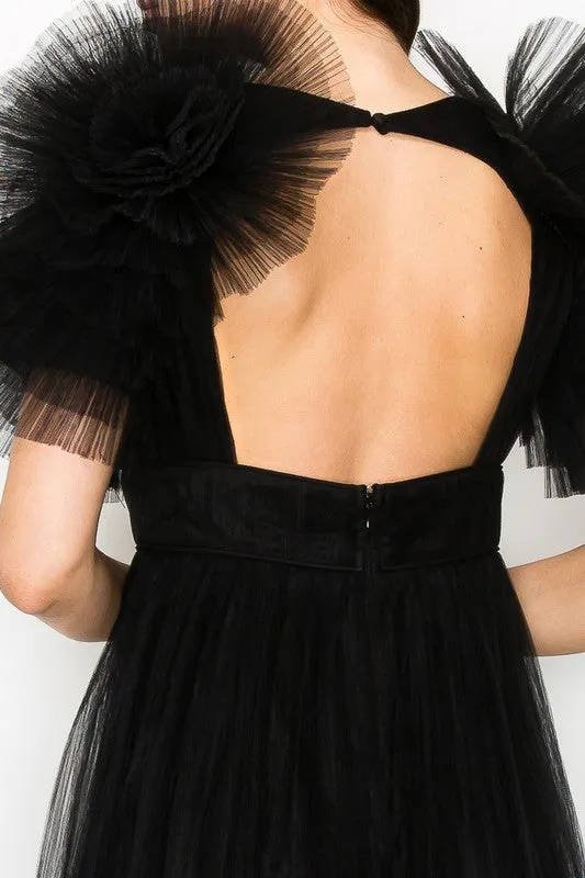 Black Tulle Pleated Floral Short Sleeve Midi Dress