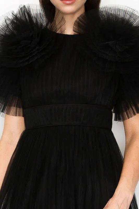Black Tulle Pleated Floral Short Sleeve Midi Dress