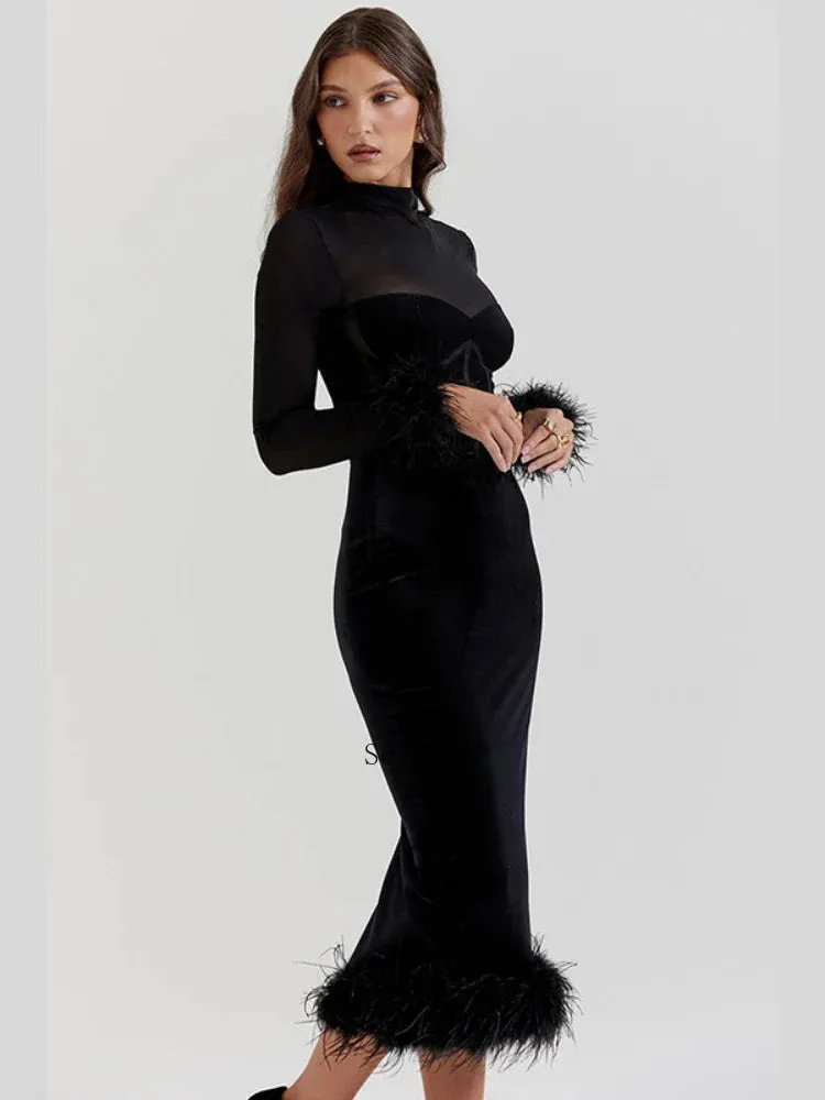Elegant Retro Slim High Waisted Spliced Mesh Midi Dress for Women
