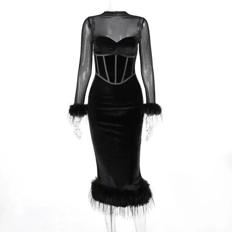 Elegant Retro Slim High Waisted Spliced Mesh Midi Dress for Women