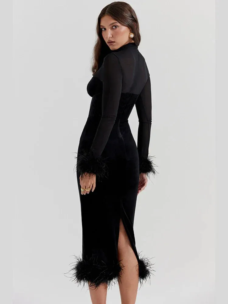 Elegant Retro Slim High Waisted Spliced Mesh Midi Dress for Women