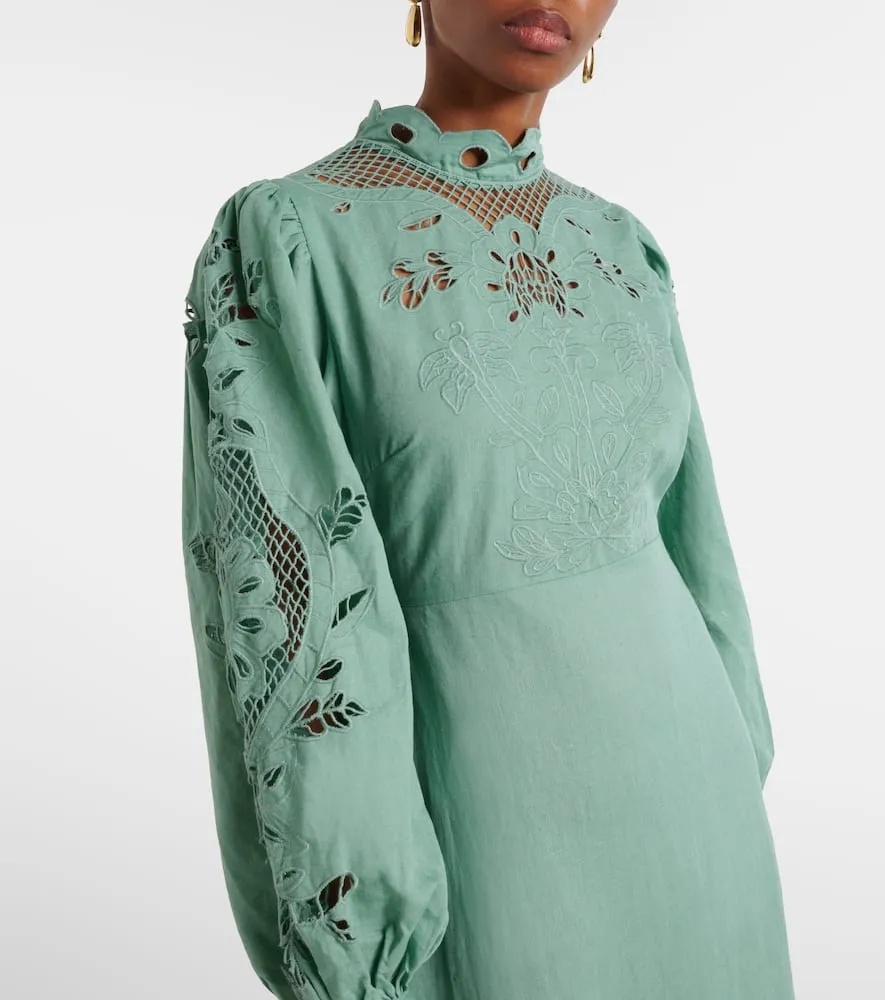 Farm Rio Broderie anglaise linen and cotton midi dress