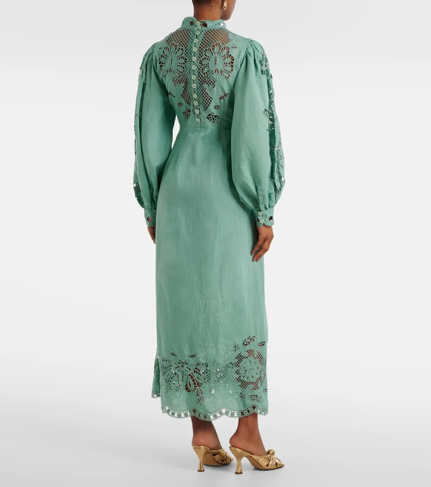 Farm Rio Broderie anglaise linen and cotton midi dress