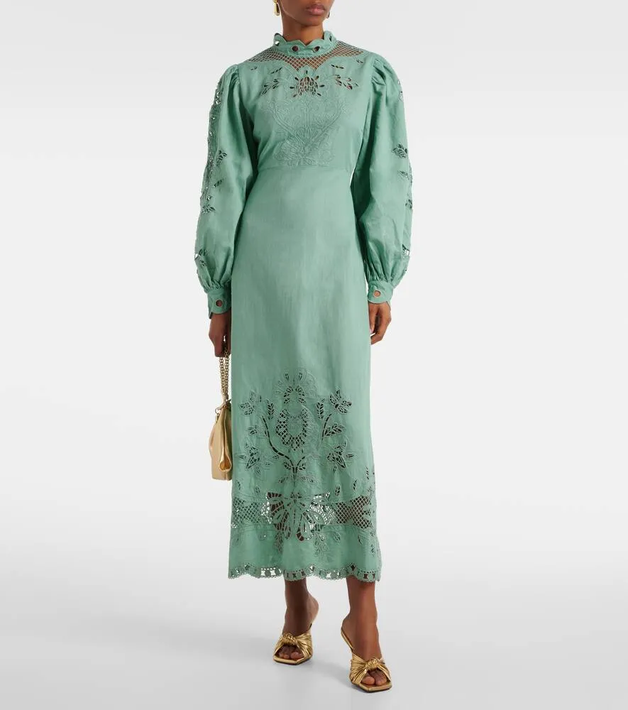 Farm Rio Broderie anglaise linen and cotton midi dress
