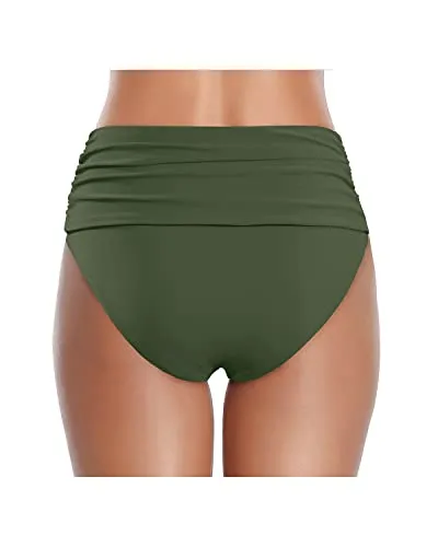 High Waisted Ruched Swim Shorts Tummy Control Bikini Bottom-Army Green