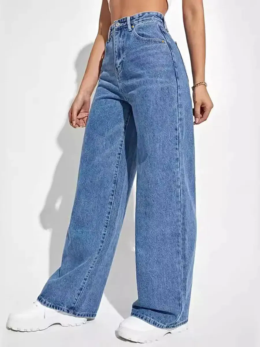 High-waisted slim straight denim trousers