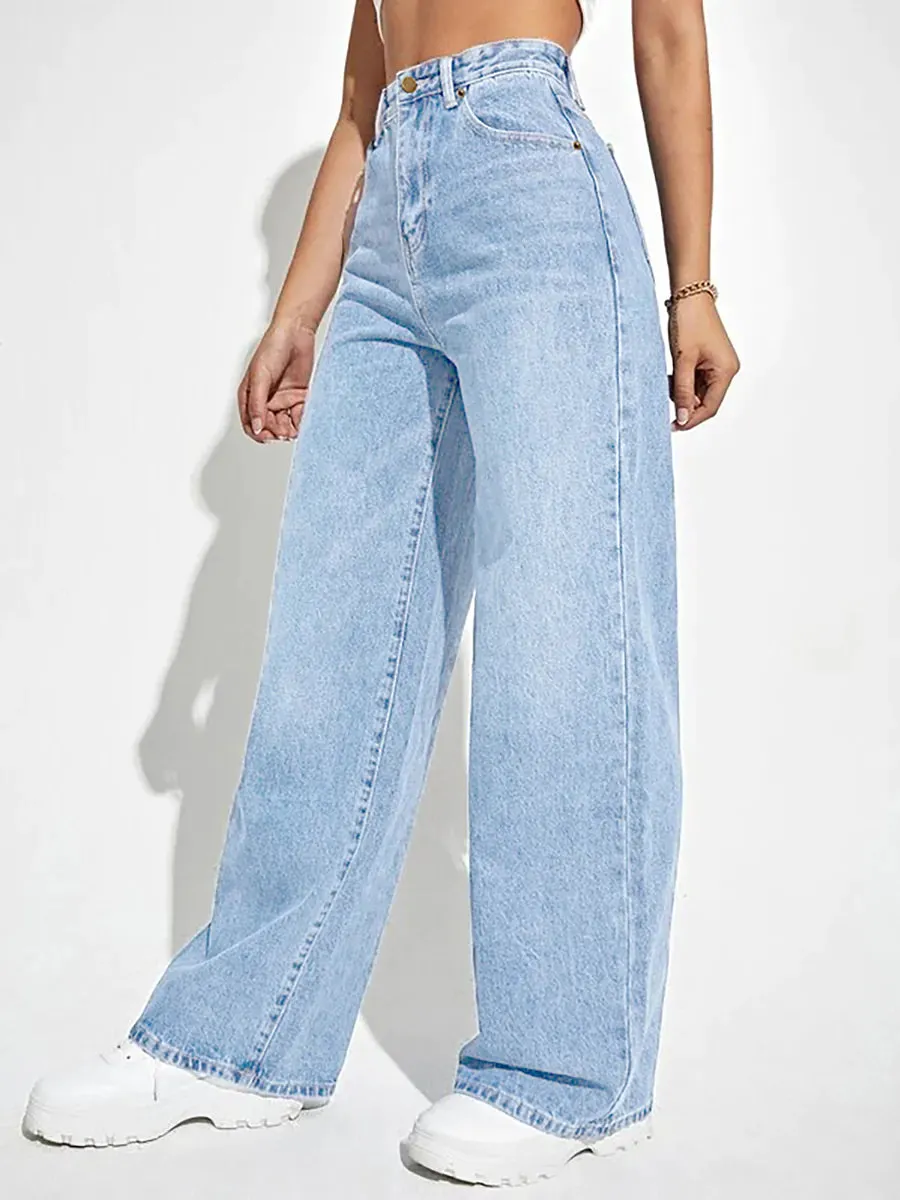 High-waisted slim straight denim trousers