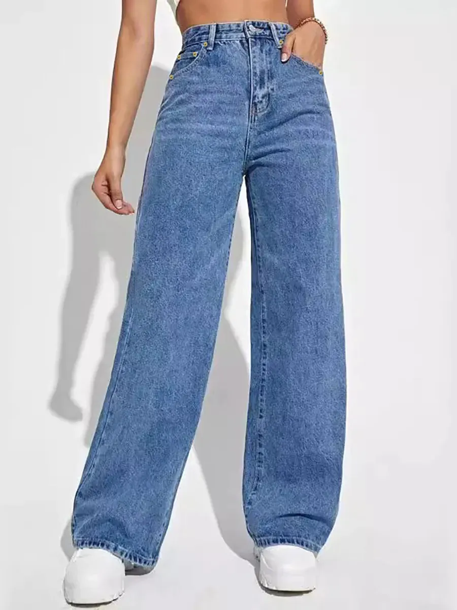 High-waisted slim straight denim trousers