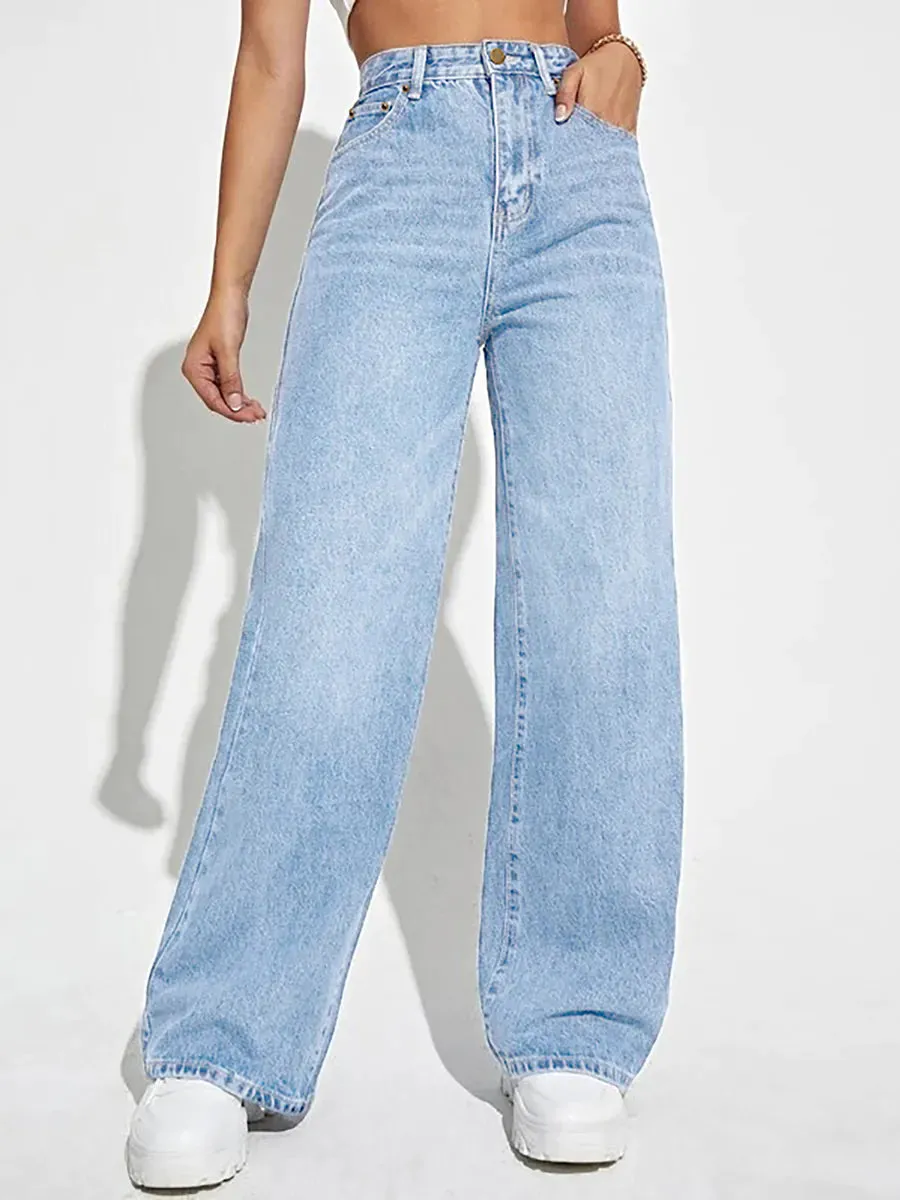 High-waisted slim straight denim trousers