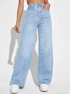 High-waisted slim straight denim trousers