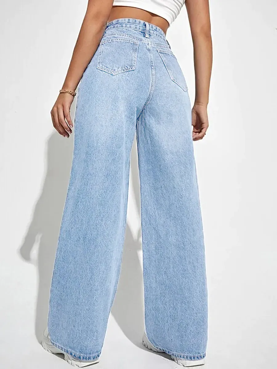 High-waisted slim straight denim trousers