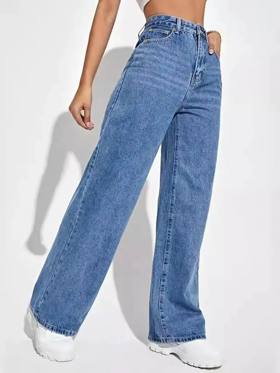 High-waisted slim straight denim trousers