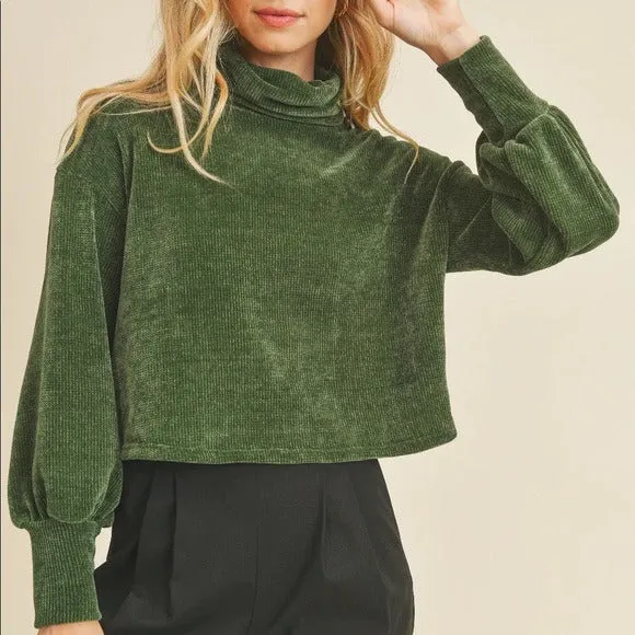 If She Loves Be Gentle Green Waffle Texture Turtleneck Sweater