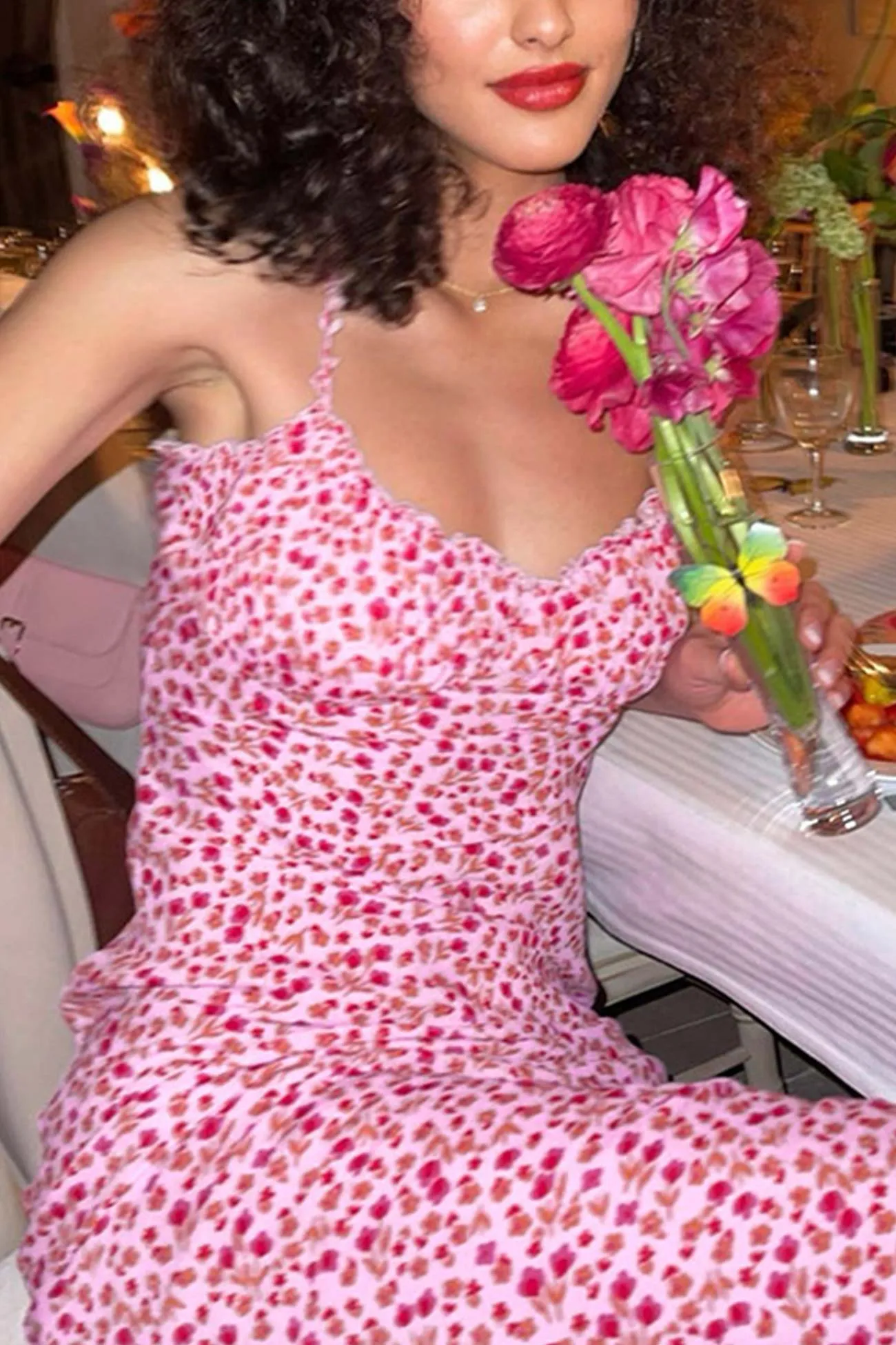 Low Cut Floral Print Fishtail Dress