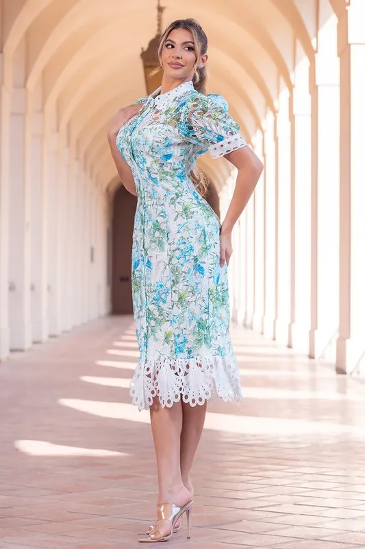 Multi Color Floral Eyelet Midi Dress