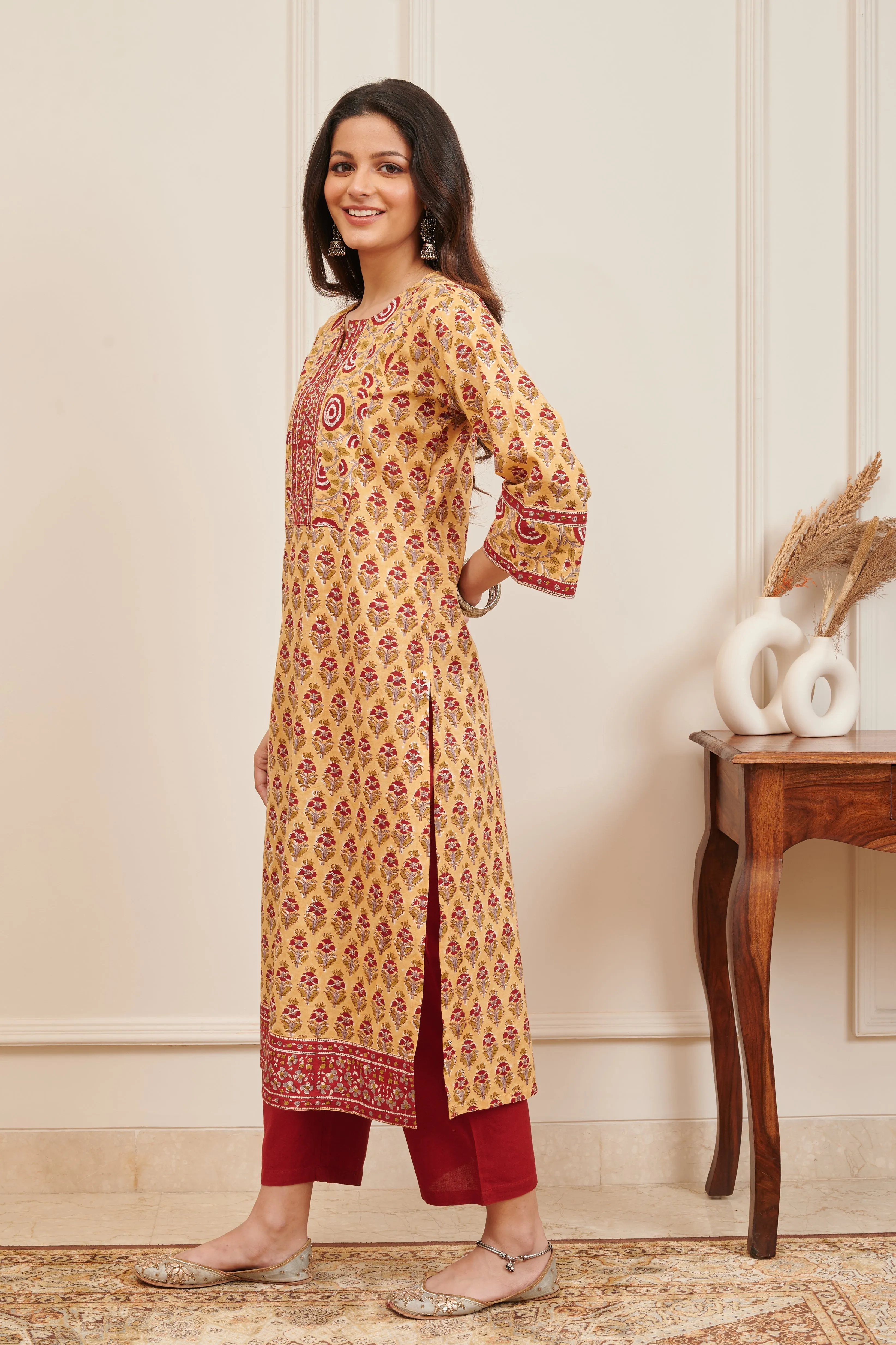 Mustard & Red Ajrakh Hand Block Printed Kurta