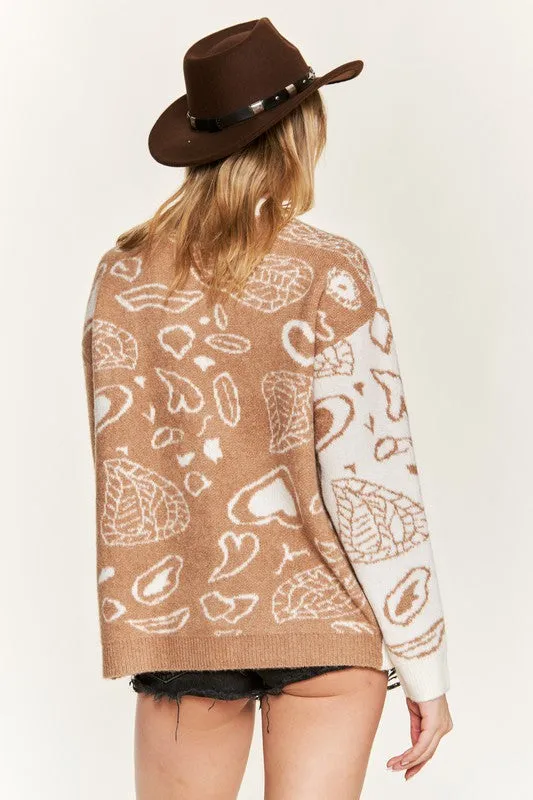 Oversized Heart Paisley Button-Down Sweater Cardigan with Color Block
