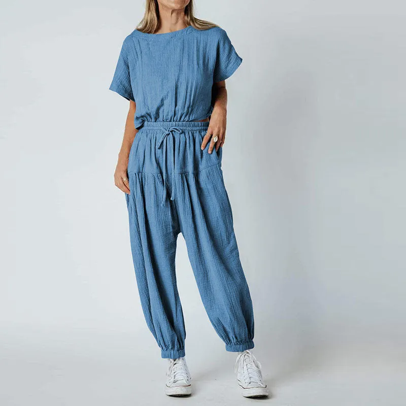 Pleated Loose Button Slit Jumpsuit