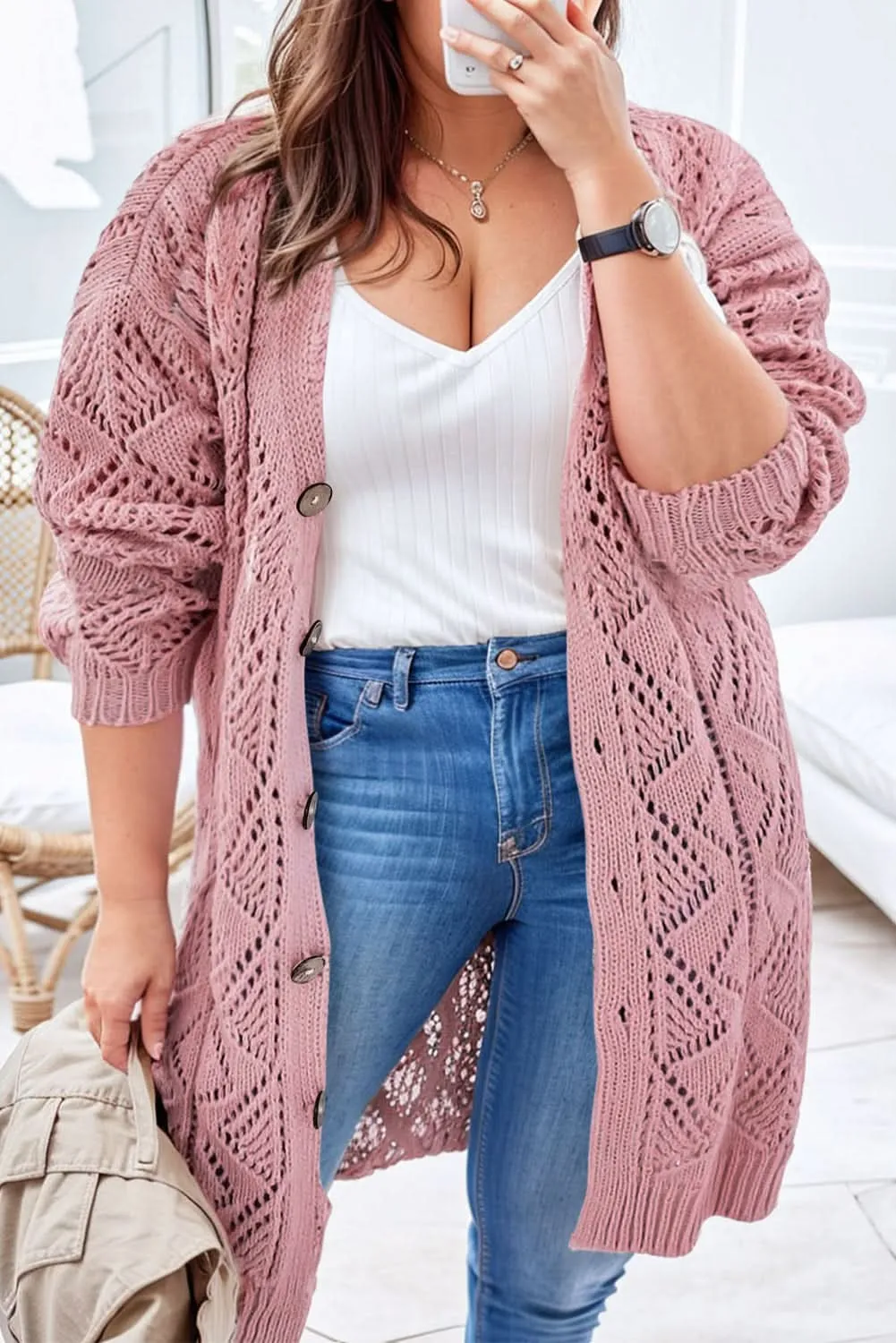 Plus size pink open knit cardigan