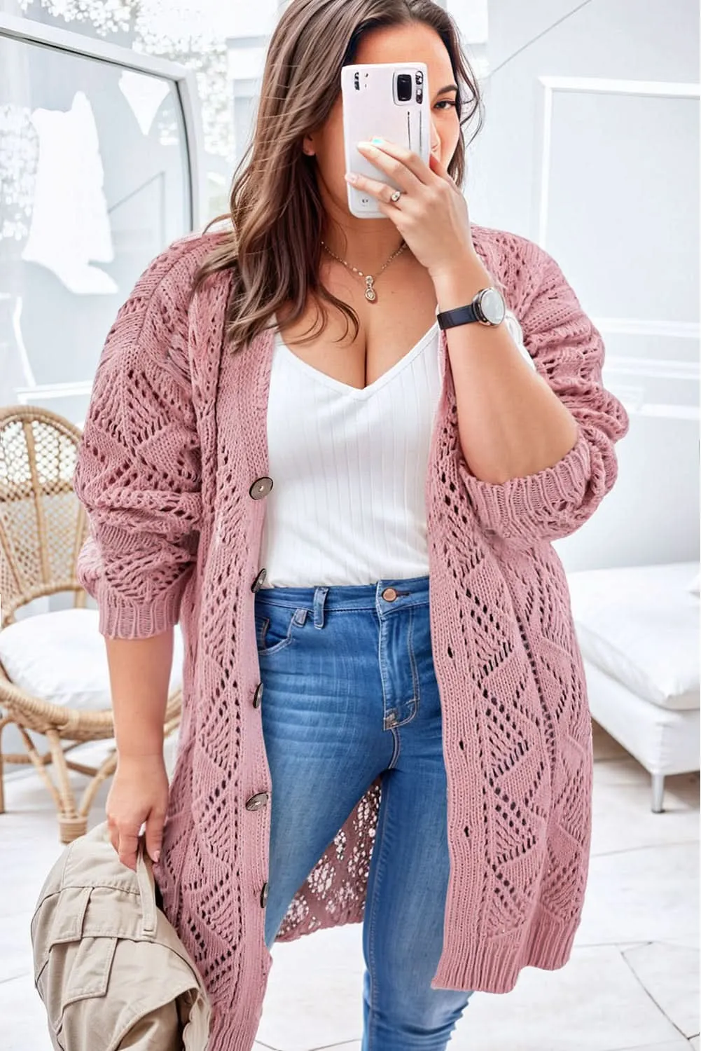 Plus size pink open knit cardigan