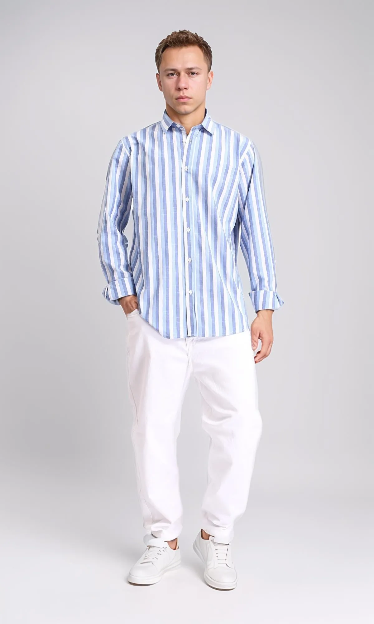 R206110 - Long Sleeves Striped Casual Shirt - Steel Blue & White