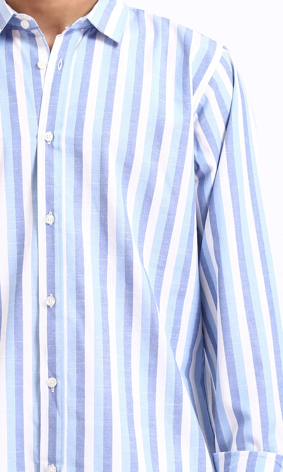 R206110 - Long Sleeves Striped Casual Shirt - Steel Blue & White