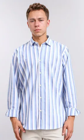 R206110 - Long Sleeves Striped Casual Shirt - Steel Blue & White