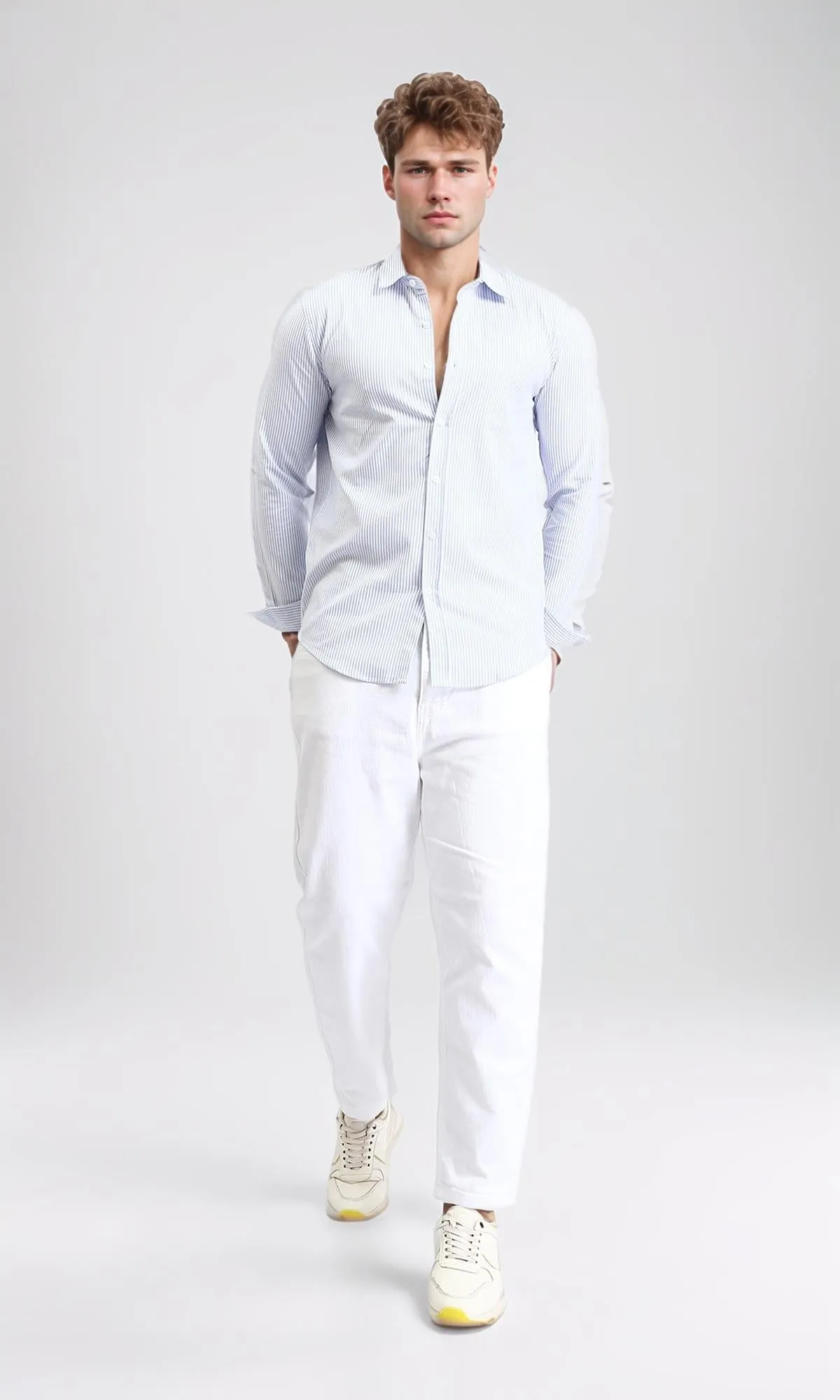 R206955 - Pencil Stripes Long Sleeves Shirt - Light Blue & White