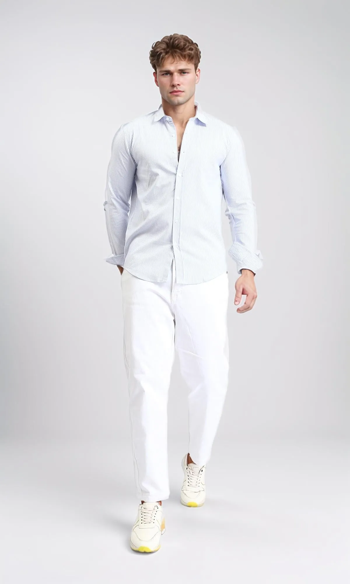 R206955 - Pencil Stripes Long Sleeves Shirt - Light Blue & White