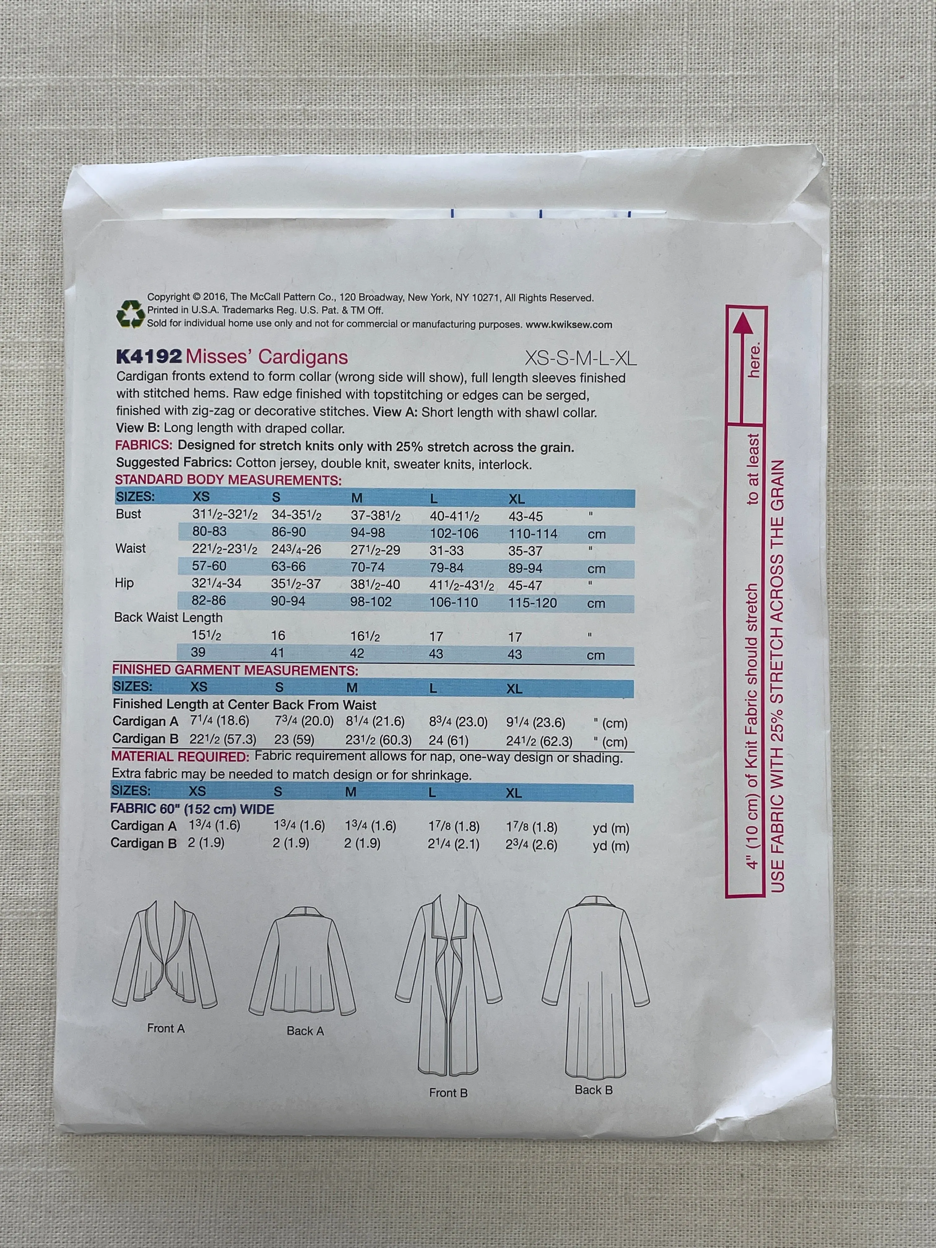 SALE 2016 Kwik Sew 4192 Sewing Pattern - Knit Cardigans FACTORY FOLDED