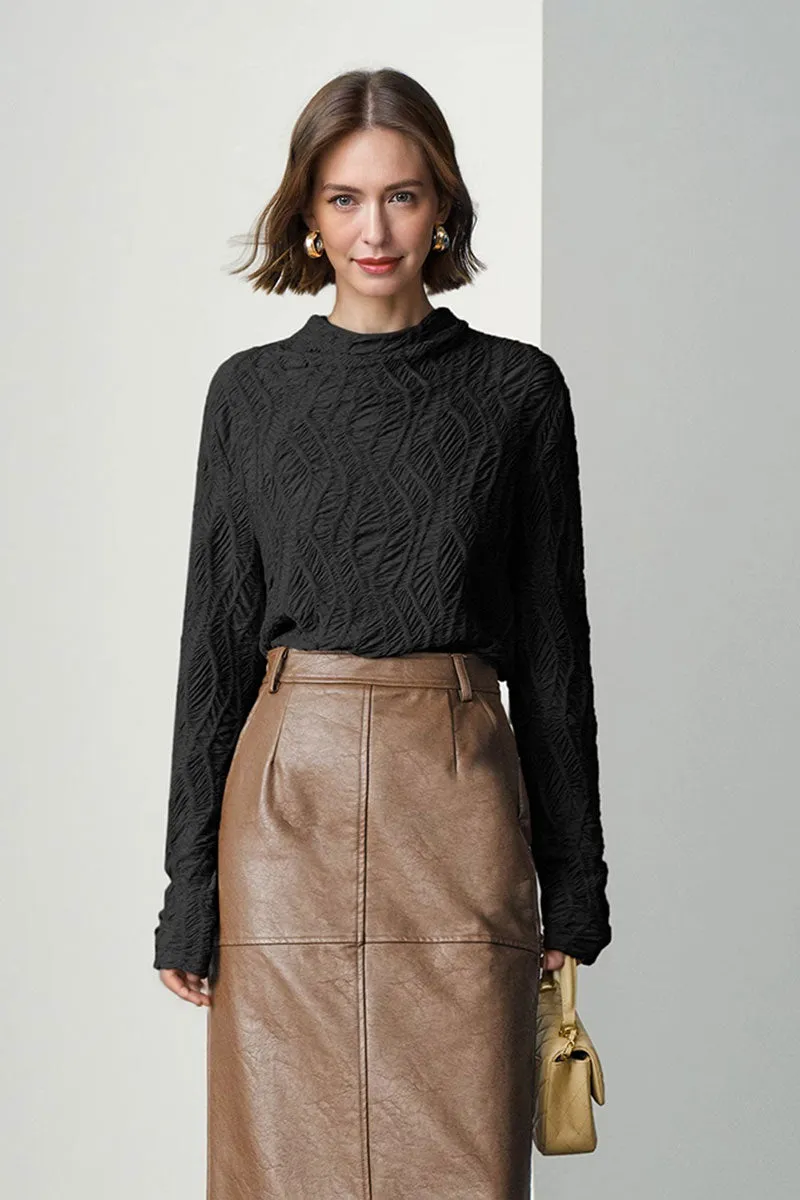 Textured Pleated Mock Neck Long Sleeve Blouse