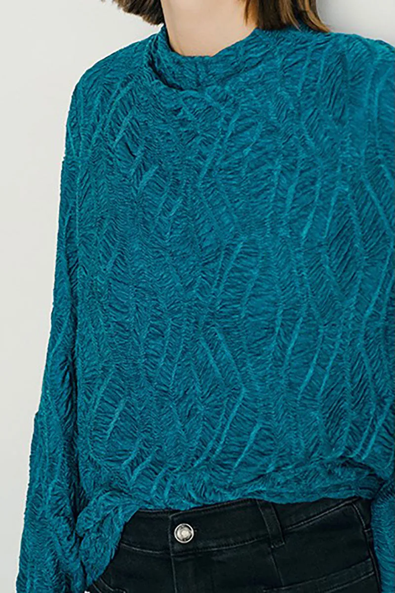 Textured Pleated Mock Neck Long Sleeve Blouse