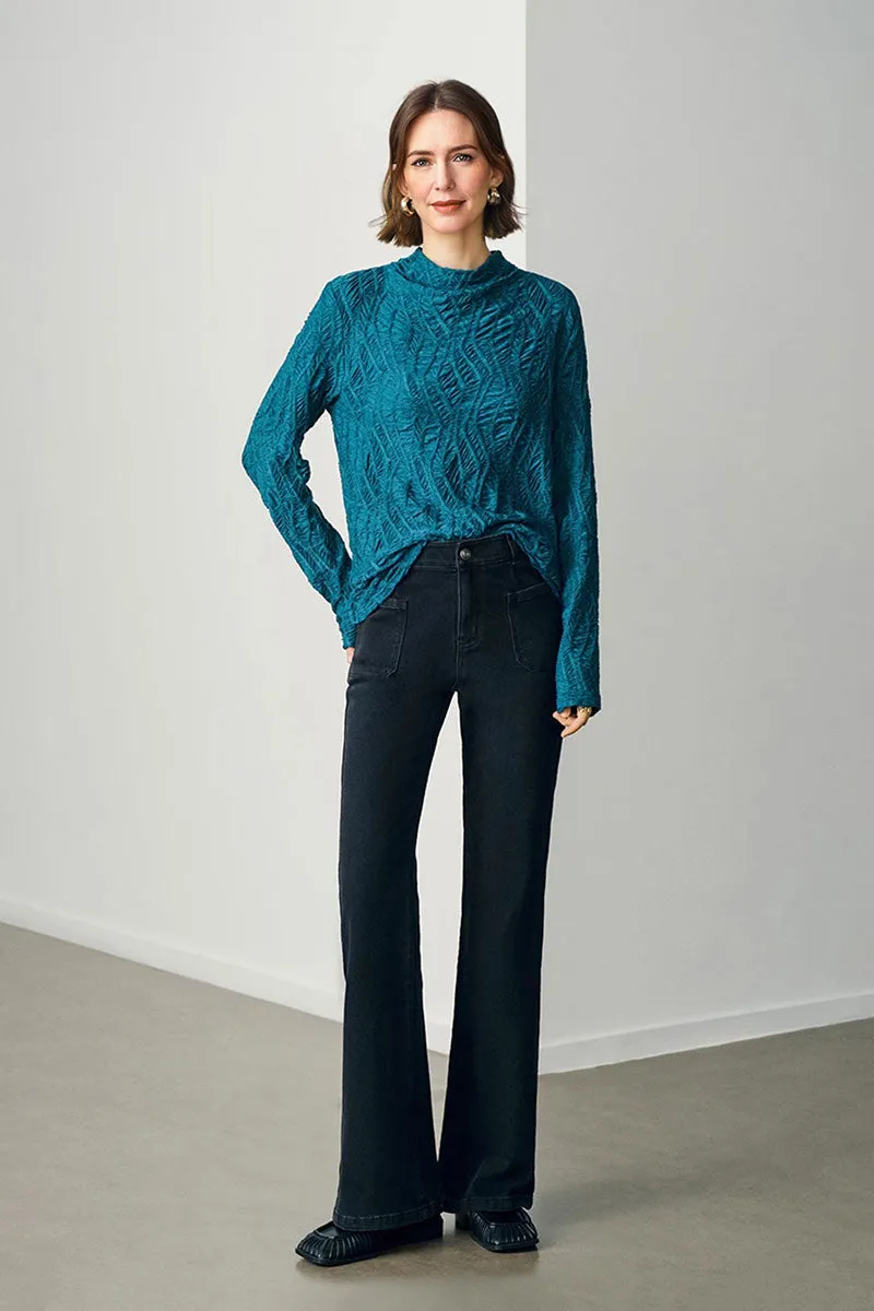 Textured Pleated Mock Neck Long Sleeve Blouse