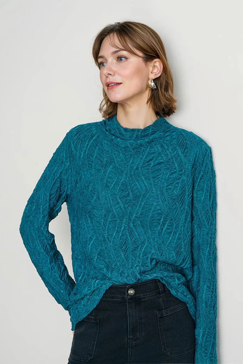 Textured Pleated Mock Neck Long Sleeve Blouse