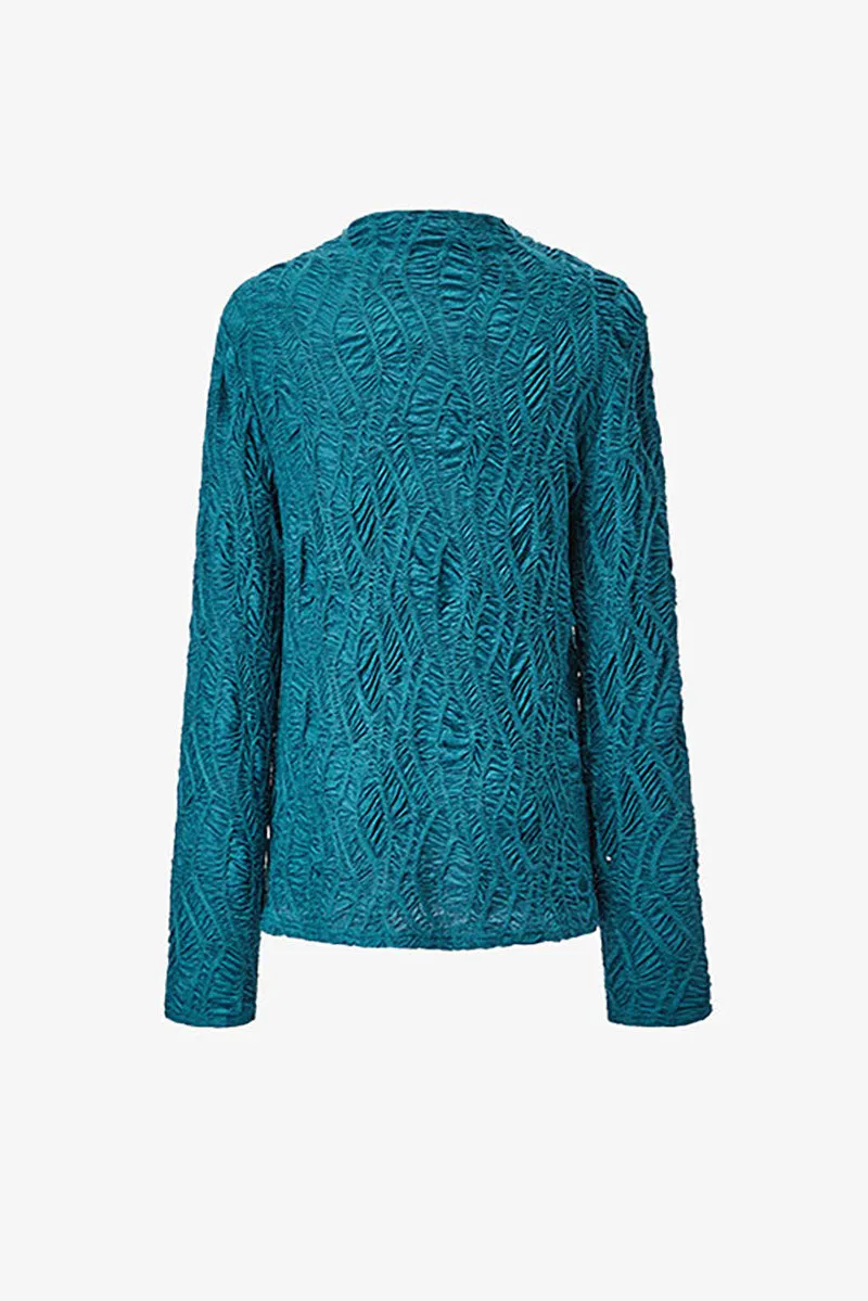 Textured Pleated Mock Neck Long Sleeve Blouse