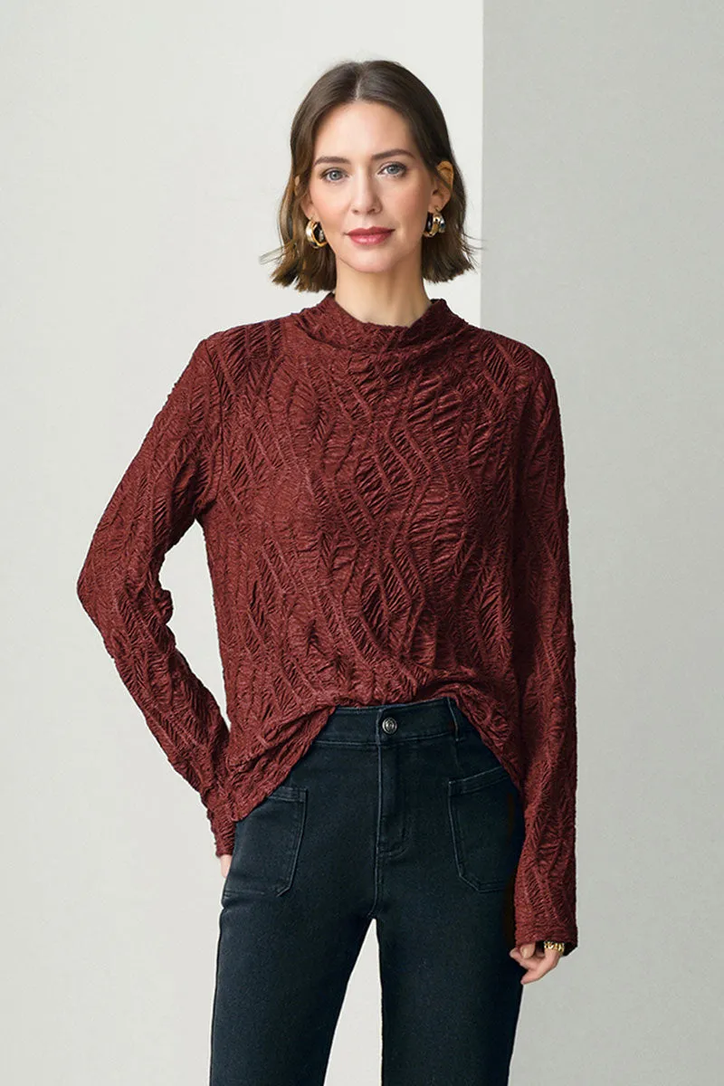 Textured Pleated Mock Neck Long Sleeve Blouse