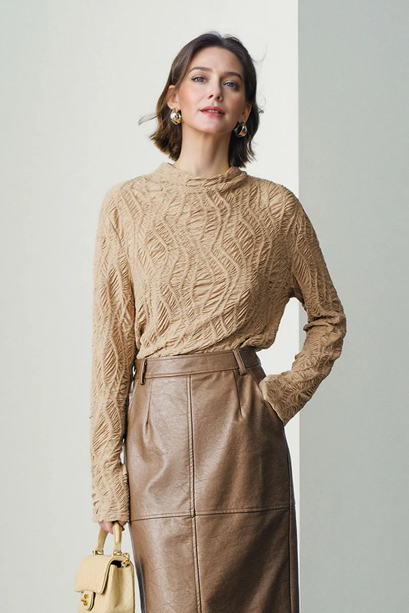 Textured Pleated Mock Neck Long Sleeve Blouse