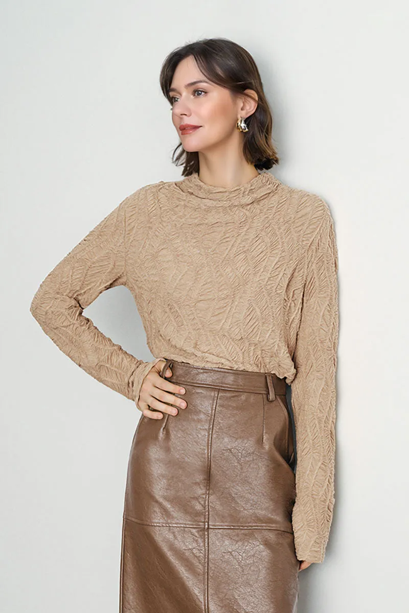 Textured Pleated Mock Neck Long Sleeve Blouse