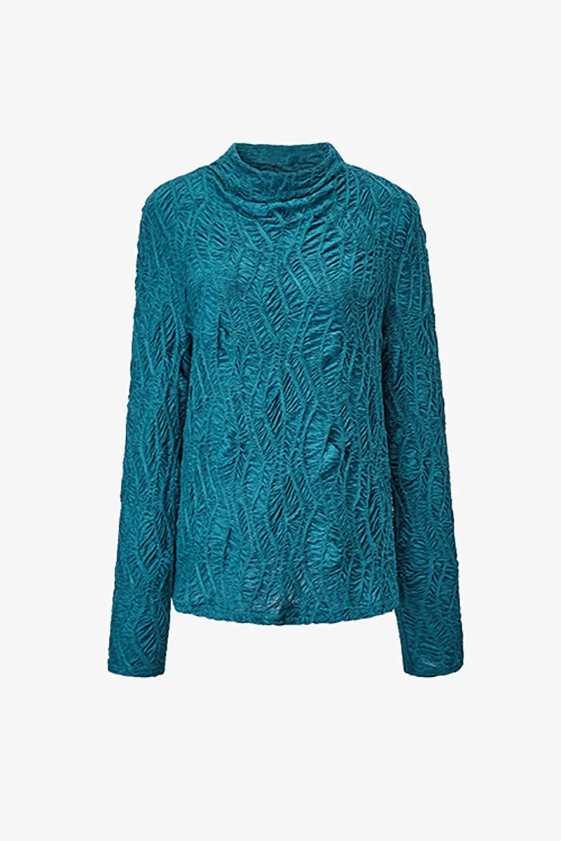 Textured Pleated Mock Neck Long Sleeve Blouse