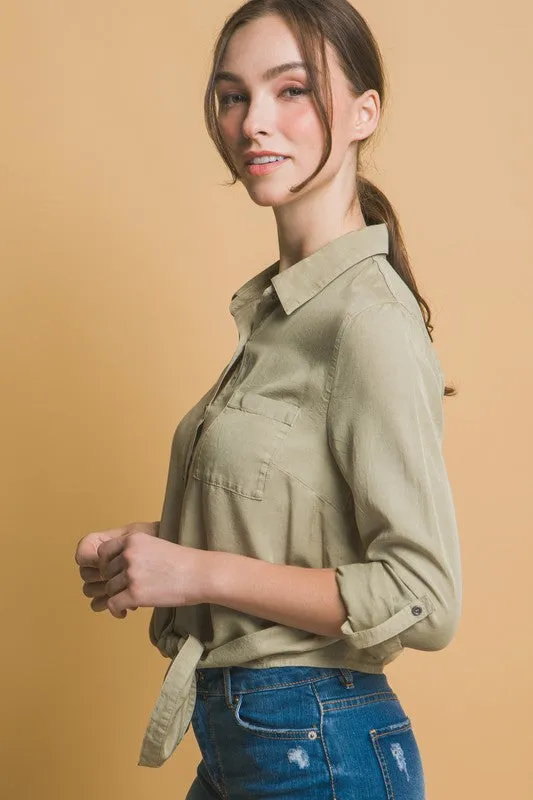 Tie Front Tencel Button Up Shirt